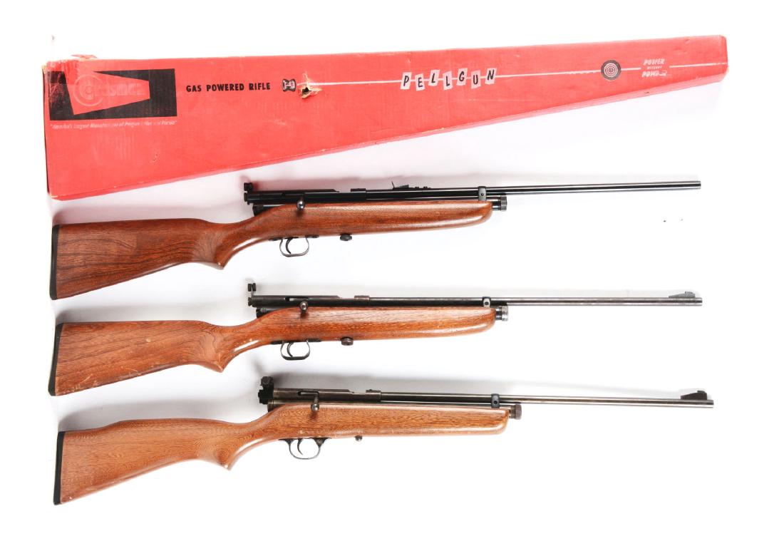 Lot of 3: Crossman Model 160 Air Rifles.: All are .22 caliber, CO2, two cylinders, BA, SS, automatic safety, full wood stock. Gun A) Model 360 with peep sight. Heavy finish loss, wood has scattered scratches. Fine action. Gun B) Model S331 wi