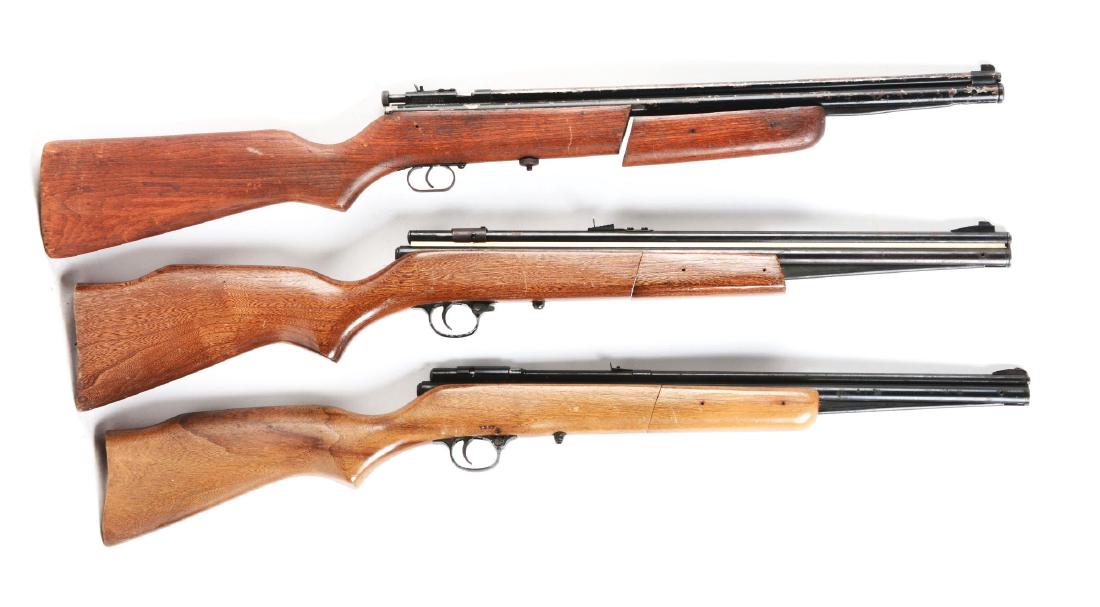 Lot of 3: Crossman Pump Air Rifles.: Gun A) Model 140. .22 caliber, swinging forearm, single shot, 4.8 lbs. Broken safety switch. Unknown if it fires. Gun B) Sears Roebuck and Co. .22 caliber Model 126.19300. Unknown if it fires. Gun C)