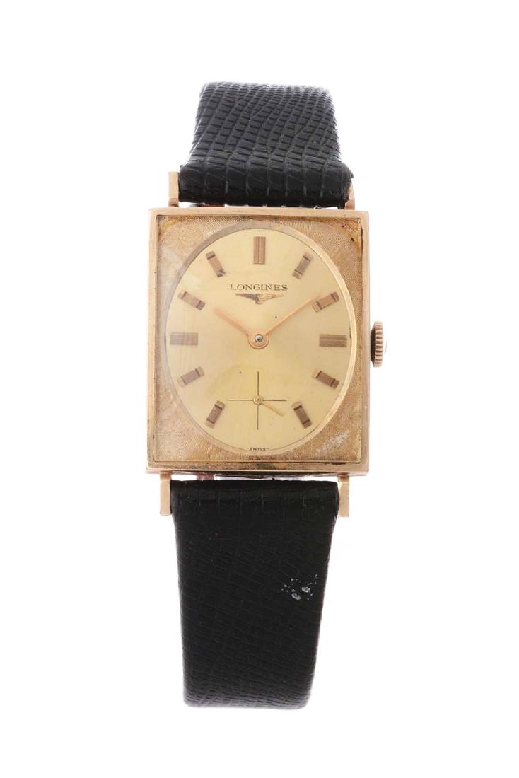 Vintage Longines Gold Filled Square Dress Wristwatch.: Vintage Longines Gold Filled Square Dress Watch. This Longines features a gold textured dial with subsidiary seconds register and square yellow gold hour markers. The case measures 24mm by 28mm. Condi