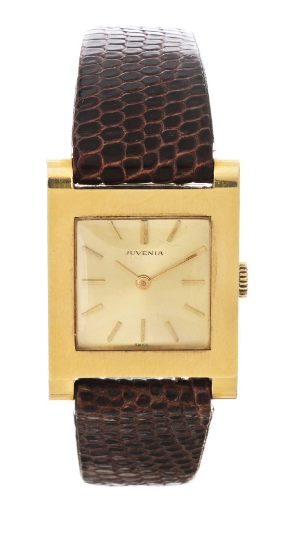 Juvenia Metal Plaque Ladies Square Strap Wristwatch.: Juvenia Metal Plaque Ladies Square Strap Watch. The case is yellow gold metal plaque with rounded lugs. Featuring a champagne dial with yellow gold baton hour markers and fine sword hands. This Juveni