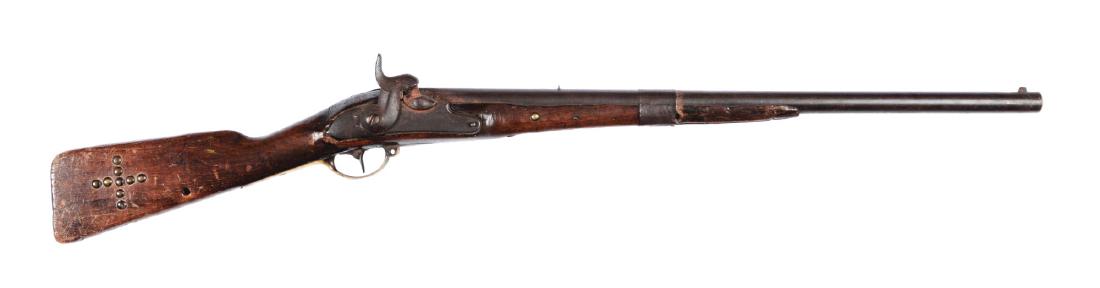 (A) Indian Tack Decorated Percussion Carbine.: A true Native American Indian-altered Potsdam musket, shortened to carbine dimensions. Round steel barrel with shortened barrel and added crude steel front sight and small notched copper rear sight, b