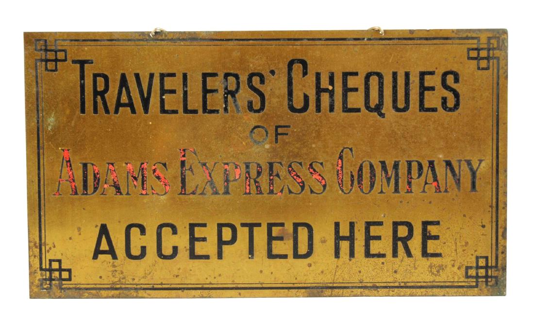 Adams Express Company Travelers Cheques Brass Sign. (1 of 1)
