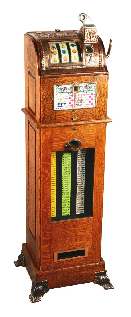**5¢ Mills Floor Model O.K. Gum Vendor Slot Machine.: Mills Novelty manufactured these floor model slot machine gum vendors around 1912. This model features a nicely restored oak cabinet with clear glass front that allows patrons to view the confections
