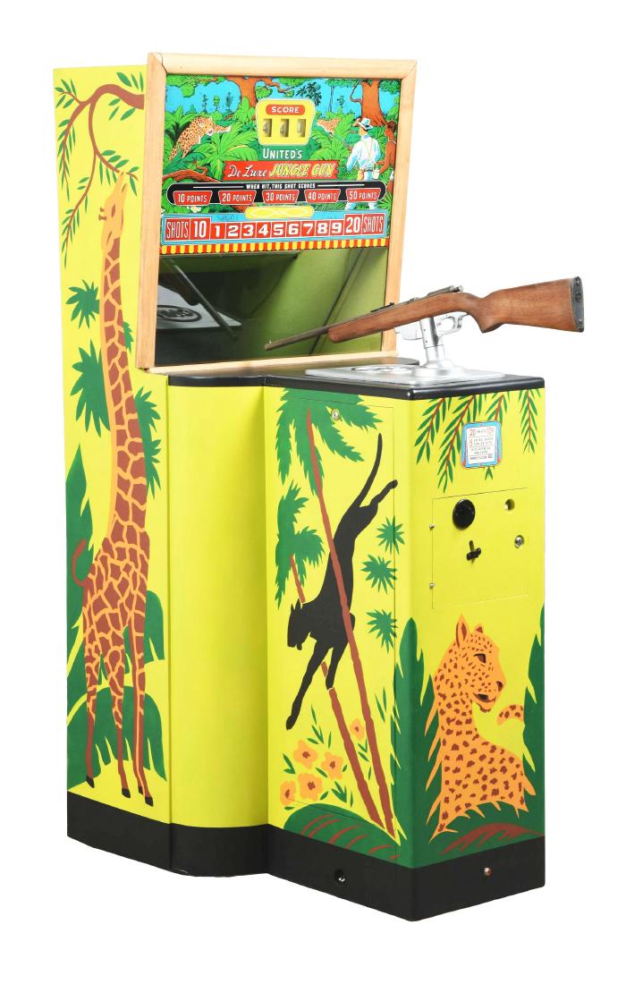 10¢ United's Deluxe Jungle Gun Arcade Machine.: Most shooting games during this time included mobile targets, where as the Deluxe Jungle Gun only has stationary targets. The elephants, lions and apes are lined in 3 horizontal rows. 20 shots per gam
