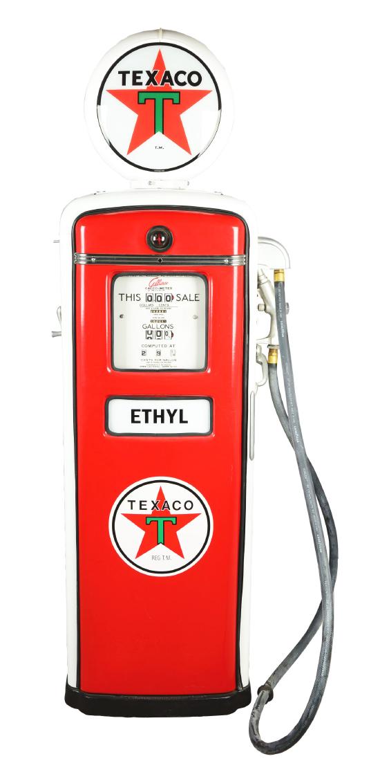 Restored 1953 Texaco Gilbarco Gas Pump.: A restored gas pump from 1953 with new paint in colors of firetruck red and white. Still containing the original stainless steel trim and nozzle, this gas pump also includes new doors, lighted globe,