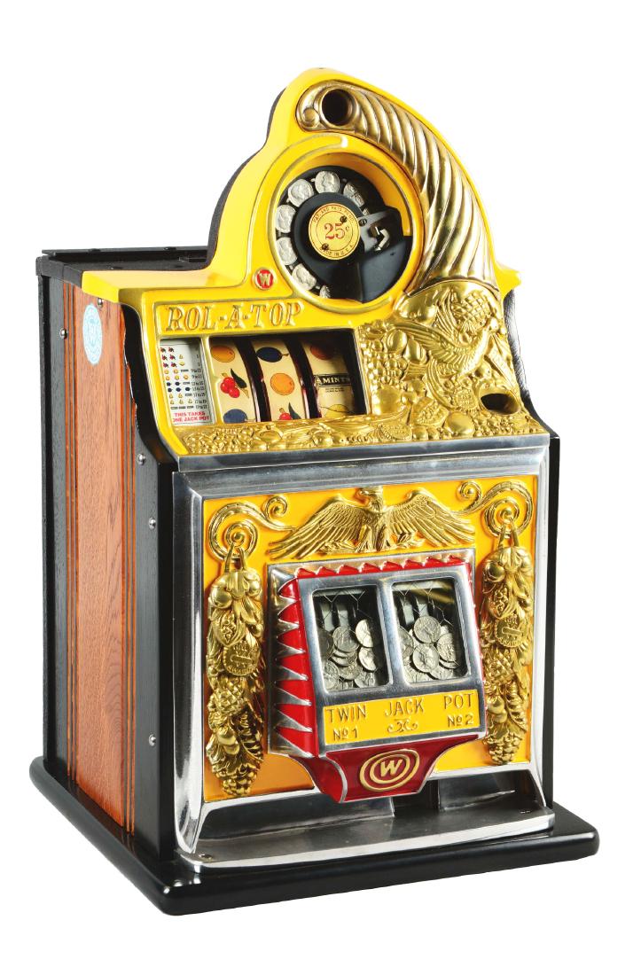**25¢ Watling Bird Of Paradise Slot Machine.: Beautiful correct restoration of a solid original, done by Fred Debaugh- including strips, door, locks, keys, and cash box. Featuring the rare fruit plates to the lower casting which match the motif o