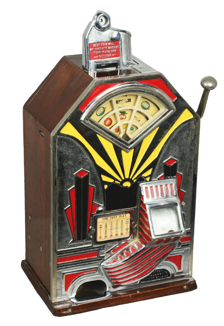 **1¢ Jennings Little Duke Slot Machine.: This slot machine is known for its unusual reels and double jackpot. Instead of vertical rotating strips, it contains three forward facing discs that spin clockwise. This device plays well. Circa 1931
