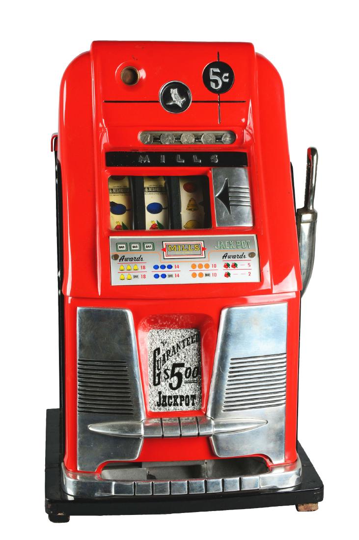 **5¢ Mills Industries High-Top Slot Machine.: Beginning its circulation in the early 1950's, this restored slot machine was manufactured by Mills Industries. The sleek red and black finish of the front casting perfectly matches the chromed detail