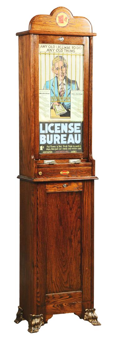 1¢ Exhibit Supply Co. License Bureau Arcade Machine.: Made for amusement, this machine is similar to the many fortune telling card dispensers produced by Exhibit, but instead, patrons receive a hilarious random license. "Any Old License To Do Any Old Thi