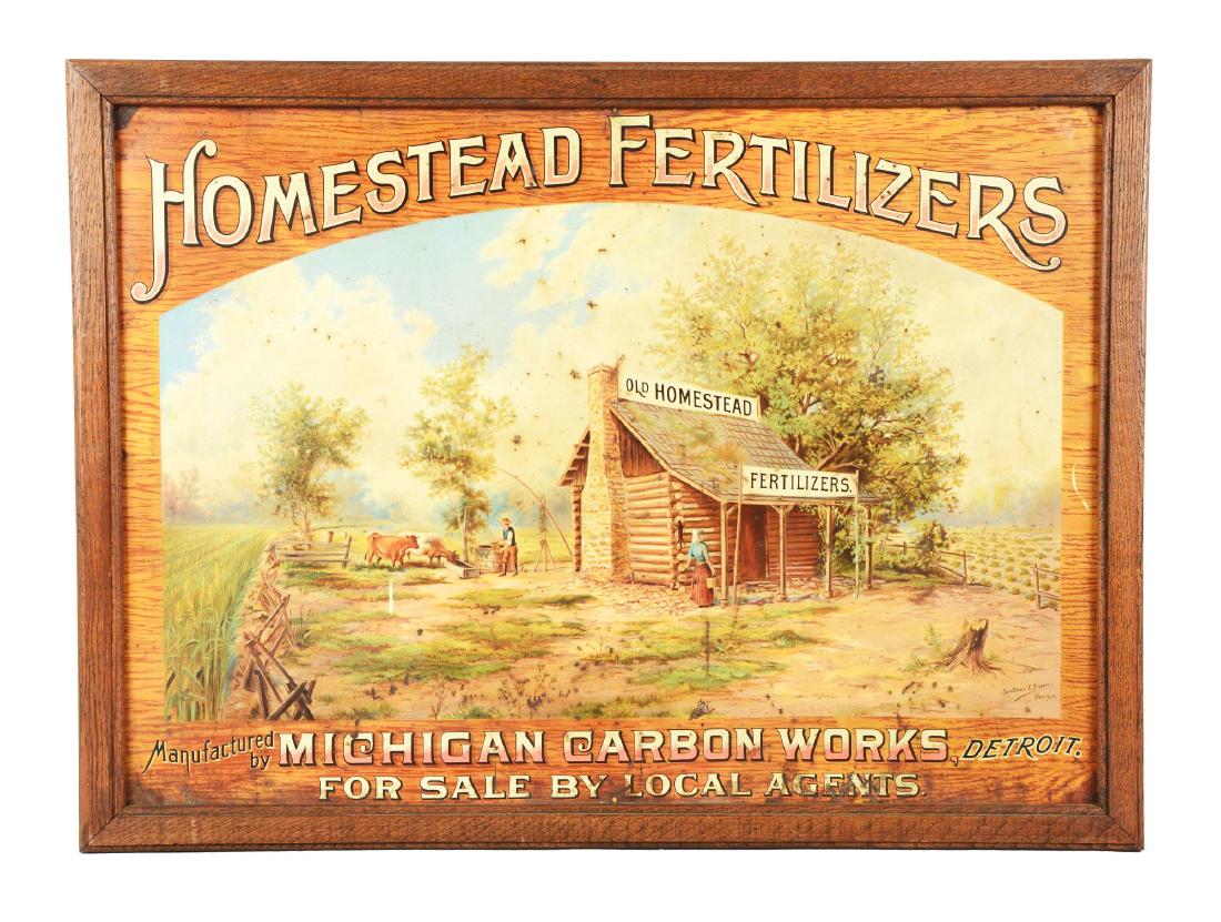 Tin "Homestead Fertilizers" Sign With Wood Frame. (1 of 2)
