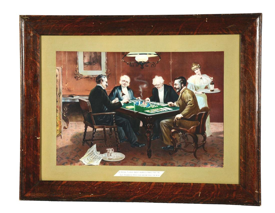 Framed Geo. Benz & Sons Pickwick Rye Advertisement.: This is a lithograph- depicting a group of older finely dressed gentleman sitting on a table, playing poker whilst enjoying "Pickwick Rye" as subtly advertised. The graphic brilliantly displays the al