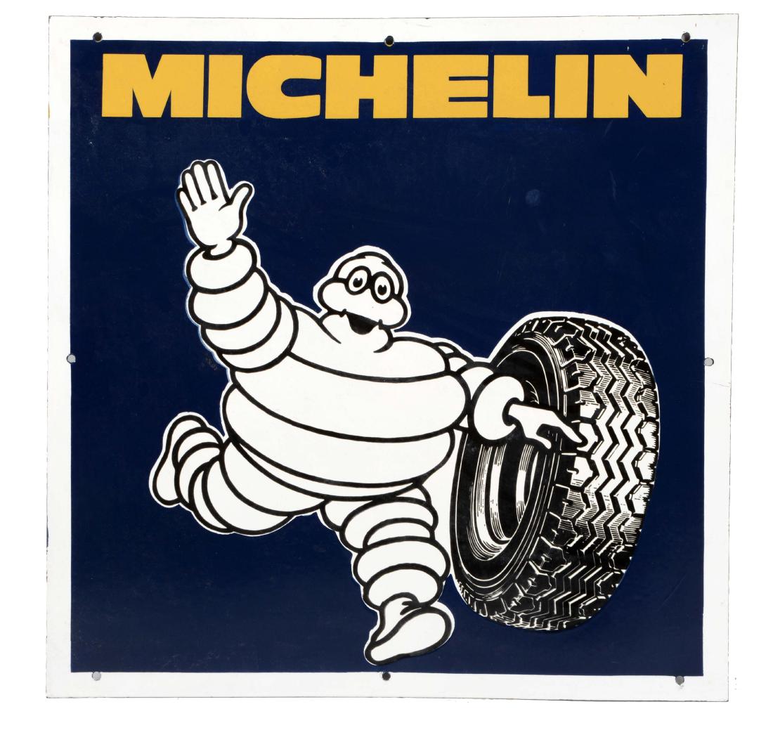 Michelin Tires Porcelain Sign with Bibendum & Tire: SSP. A very nice example of this sign. Excellent color and gloss throughout with nice shelving between the colors. There is some light outer edge wear. Sign is most likely made for the foreign market