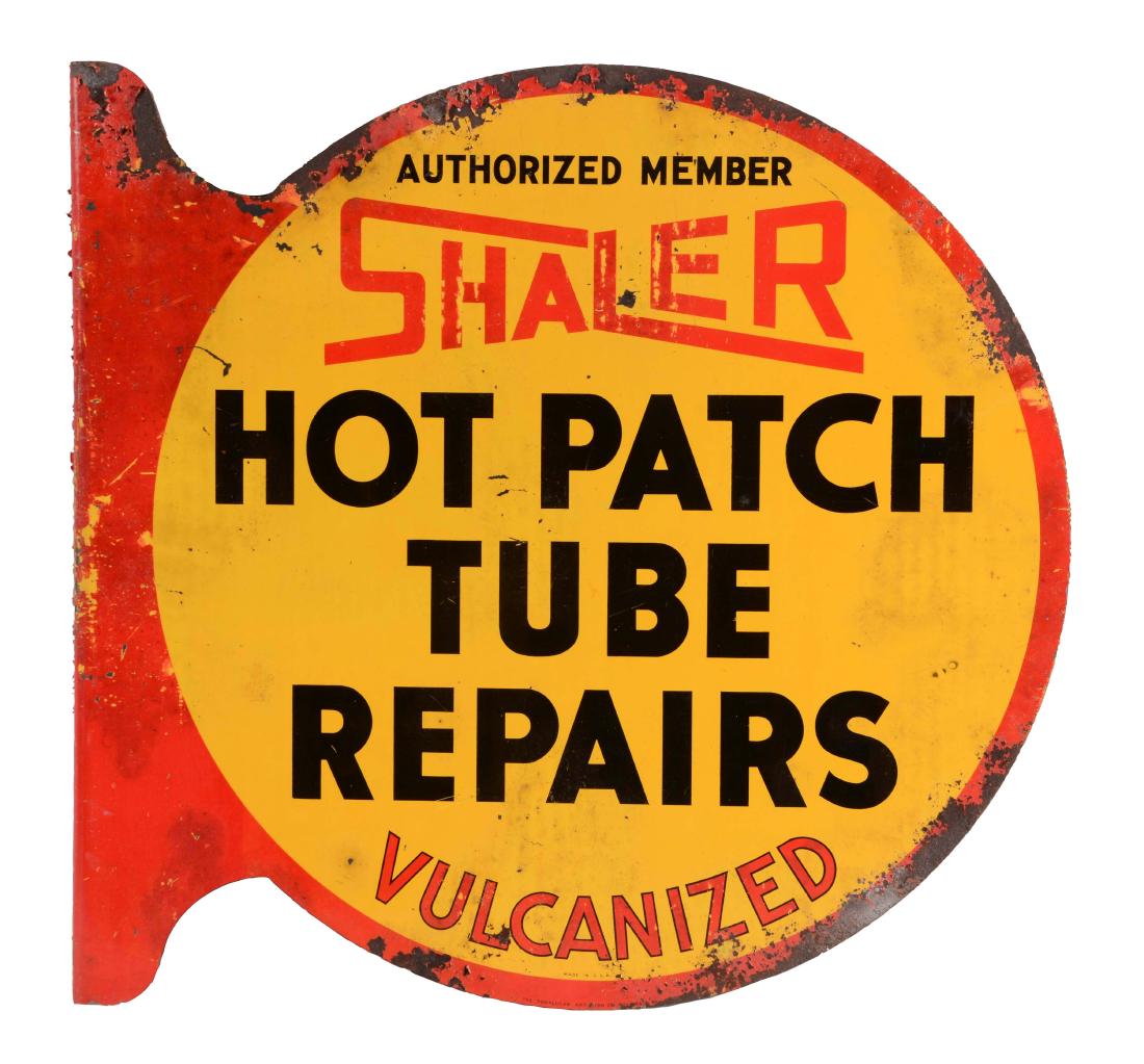 Shaler Tube Repairs Tin Flange Sign.: DST. This flange from Shaler has nice color and gloss throughout but there is some areas of heavy paint loss and paint flaking. The majority of the paint on the sign is sound but there is still some m