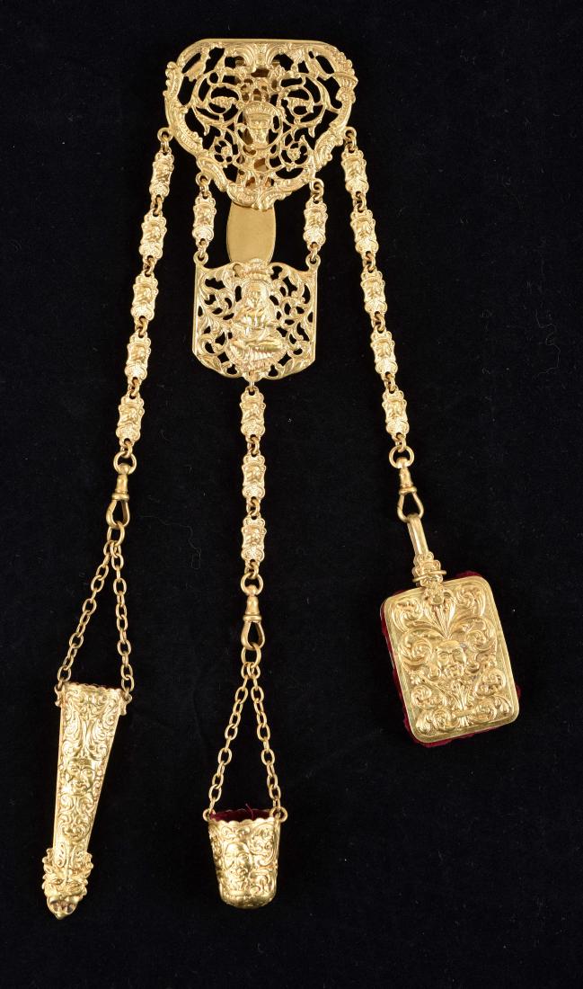 Antique English Victorian Gold Gilt Chatelaine. (1 of 4)