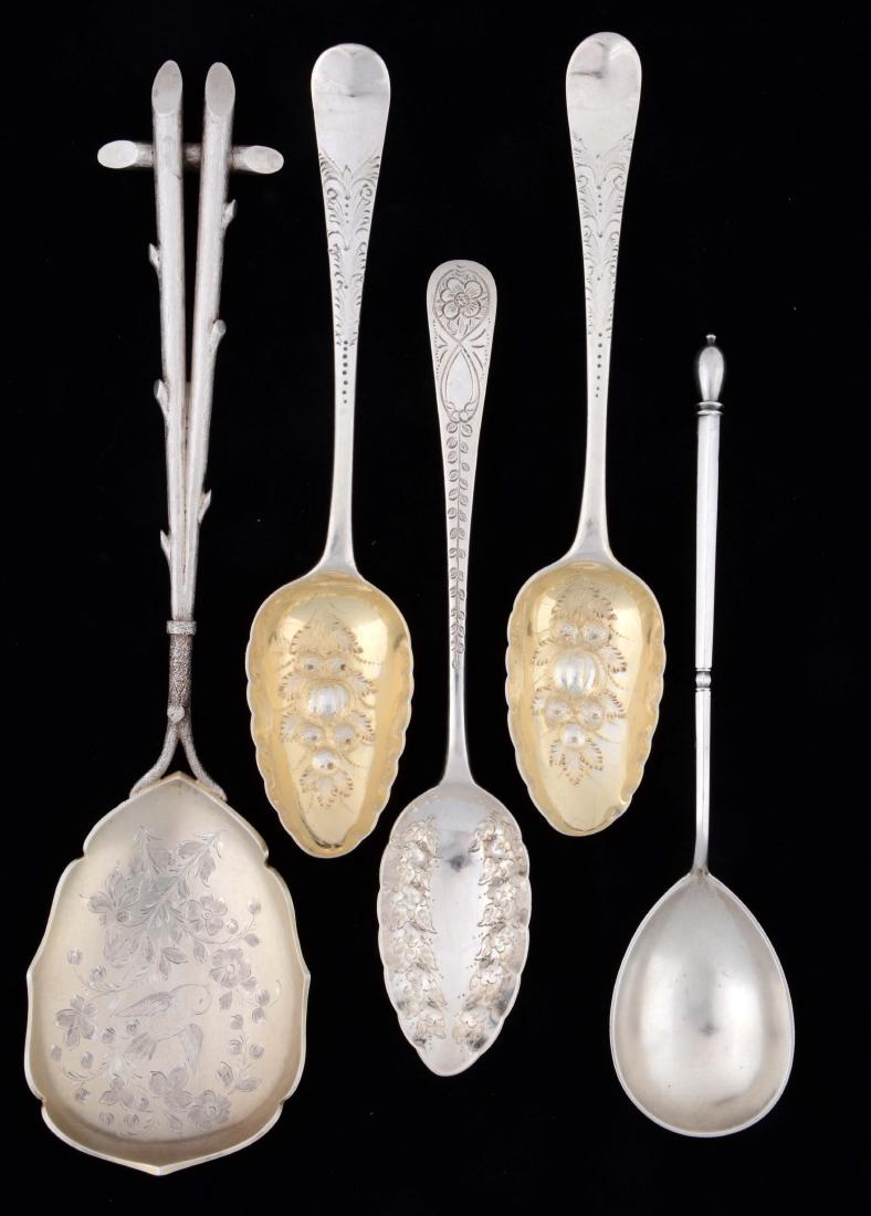 Lot of 5: English Sterling Silver Berry Spoons. (1 of 2)