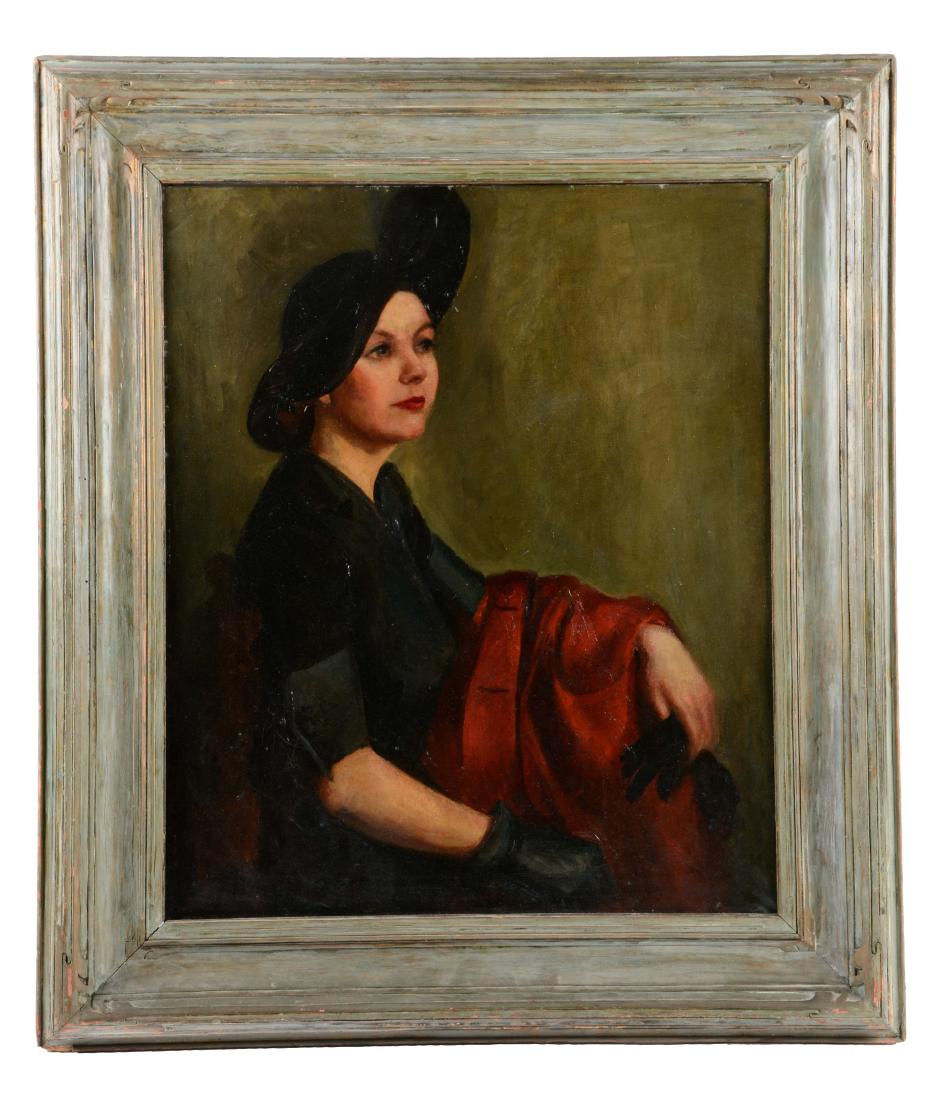 Oil on Canvas of Lady Dressed in 1920's Fashion.: Some scuffs and crazing. Attributed to Newcomb Macklin. Condition:(Excellent).Dimensions:Framed: 40" x 34 -1/2". Condition: (Excellent). Dimensions: Framed: 40" x 34 -1/2".