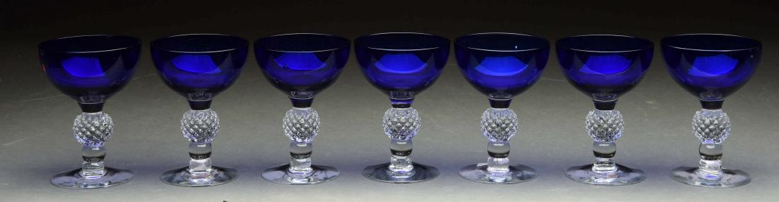 Lot Of 7: Vintage Cobalt & Crystal Tall Sherbert: Cobalt bowl with hobnail balls on the stem. No cracks or chips. Condition:(Excellent).Dimensions:Each : 5" x 3 -1/2". Condition: (Excellent). Dimensions: Each : 5" x 3 -1/2".