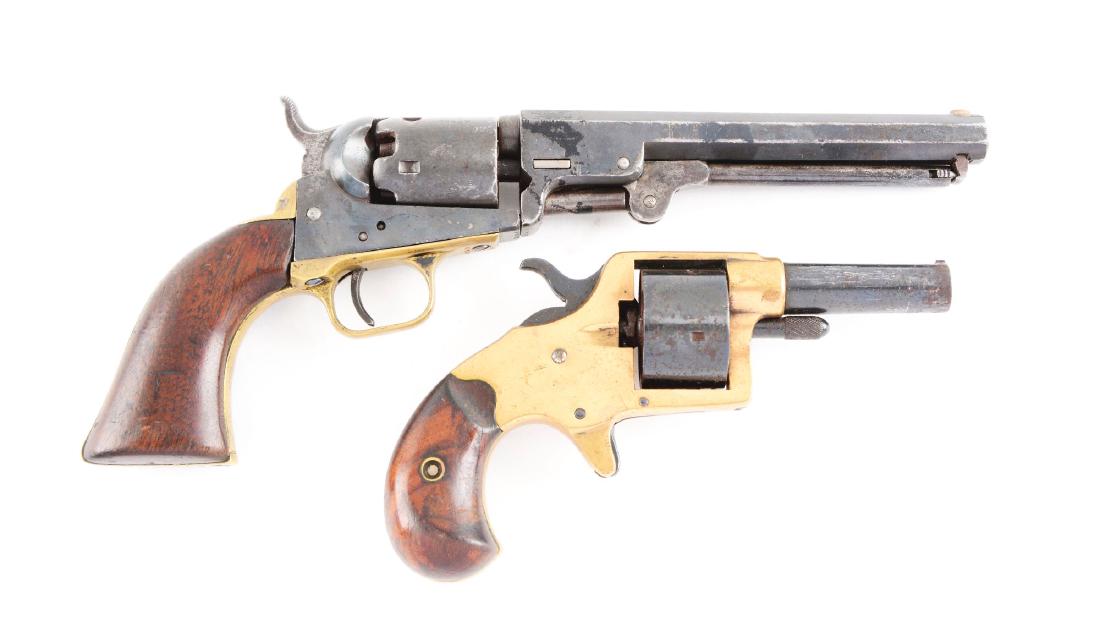 (A) Lot of 2: Antique Colt Revolvers.: Gun (A) is a Colt 1849 single action percussion revolver manufactured 1853. This revolver has mismatched numbers as follows: frame is 64722; barrel, trigger guard, back strap and cylinder are numbered