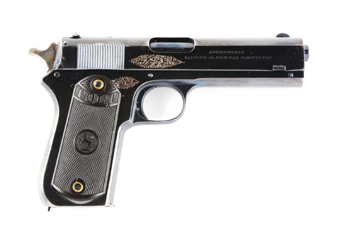 (C) Colt Model 1903 Pocket Hammer Semi-Automatic: Factory letter states this pistol was shipped December 23rd, 1915 to Sears in Chicago as an all standard revolver. During the period, some one added two little 1" areas of engraving on both sides of t