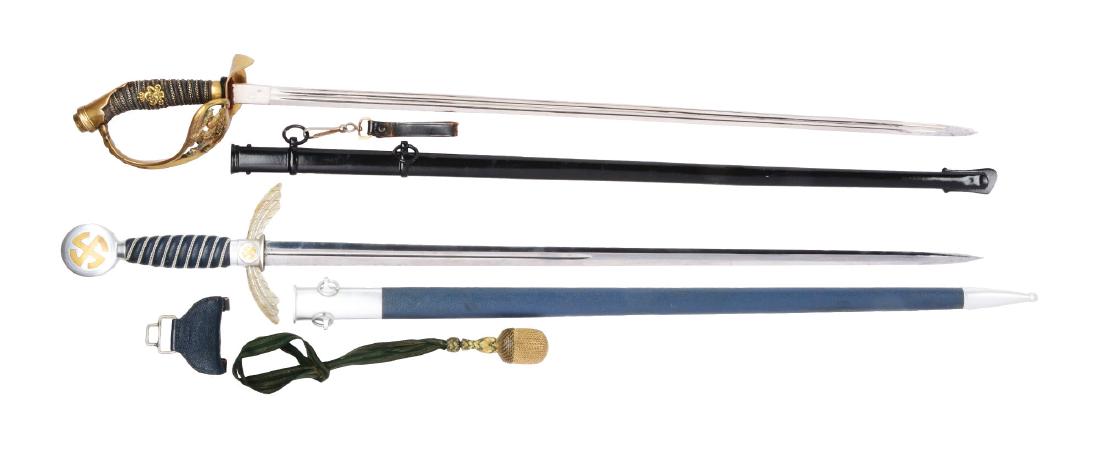 Lot of 2: German Swords.: Lot contains a Nazi era Luftwaffe 1st Model sword (A) and a 19th Century Prussian M1889 sword (B). (A) The Luftwaffe “Fliegerschwert” sword has a 30” nickel plated blade made by “SMF” (Solin
