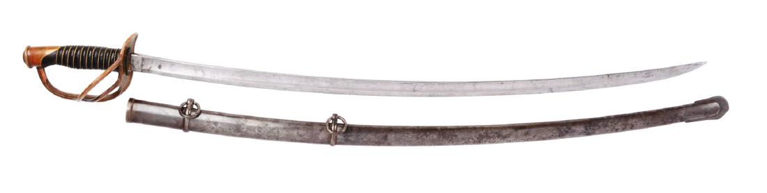 U.S. Model 1860 Cavalry Saber by Emerson & Silver.: Curved steel blade with large single fuller on each side, ricasso marked "U.S. / D.F.M. / 1864" on right side and "EMERSON / & / SILVER / TRENTON, N.J." on the other. Standard cast brass hilt with two