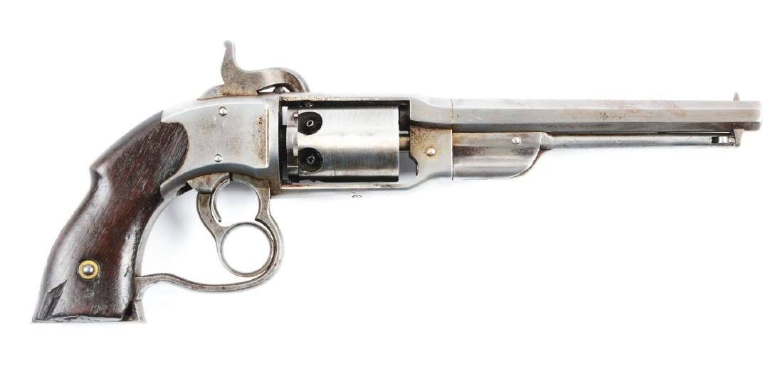 (A) Savage - North Percussion Navy Model Revolver.: These revolvers were manufactured from 1861 to 1865. Features six shot round cylinder and hinged loading lever assembly. The distinctive ring rotates the cylinder and cocks the hammer, and the trigger