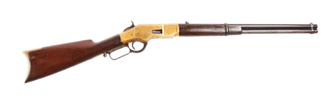 (A) Winchester Model 1866 Saddle Ring Carbine.: Manufactured 1871. Standard features include full round barrel, full magazine, two band, front sight integral to front band, walnut stocks, brass frame and rifle buttplate; saddle ring and stud, foldi