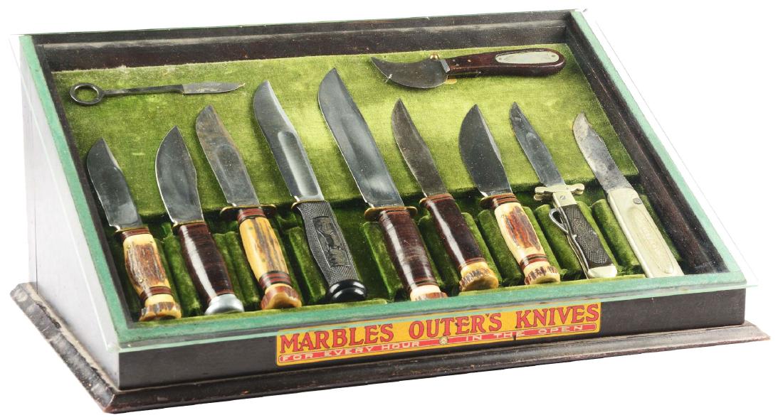 Extremely Rare Marbles Gladstone Counter Knife Display.: (Knives not included) These make and ideal display case for the serious collector and are one of the hardest items to obtain in this collecting category. Marbles - Gladstone Mich. U.S.A. - counter dis
