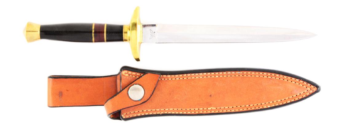 Cooper Stiletto in Signed Leather Sheath.: Double edge dagger blade. Handled in dark micarta with heavy brass C-guard and brass skull crusher. Original leather sheath. Signed in long hand " George J. Cooper 5/13/77 Number 2/2"on back side. Cir