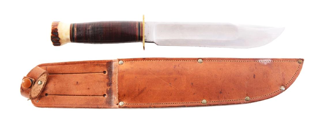 Marbles Gladstone "Ideal" Fixed Blade Knife.: Marbles - Gladstone Mich. U.S.A. - "Ideal" 7" clip point blade; overall 11 - 3/8". Handled in stacked leather with brass full guard and stag crown. Comes with a non-original leather sheath. Circa post
