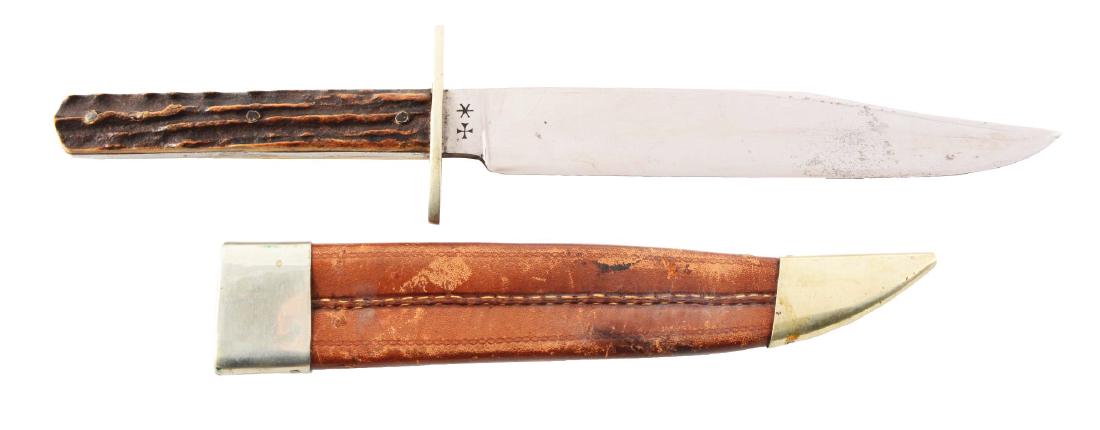 J. Rodgers & Sons Bowie Style Hunting Knife.: J. Rodgers & Sons - 6 Norfolk St. Sheffield England - bowie style hunting knife with a 7 - 1/4" flat ground clip point blade; 11 - 1/2" overall. Handled in stag with heavy nickel silver oval guard. Co