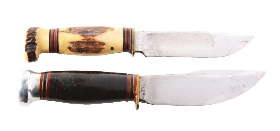 Lot of 2: Marbles Gladstone Fixed Blade Knives.: (A) Marbles - Gladstone Mich. U.S.A. - "Ideal" 4 - 1/4" fixed blade; overall 8". Handled in stag with brass half guard and stag crown. No sheath. Circa pre-1942. (B) Marbles - Gladstone Mich. U.S.A. -