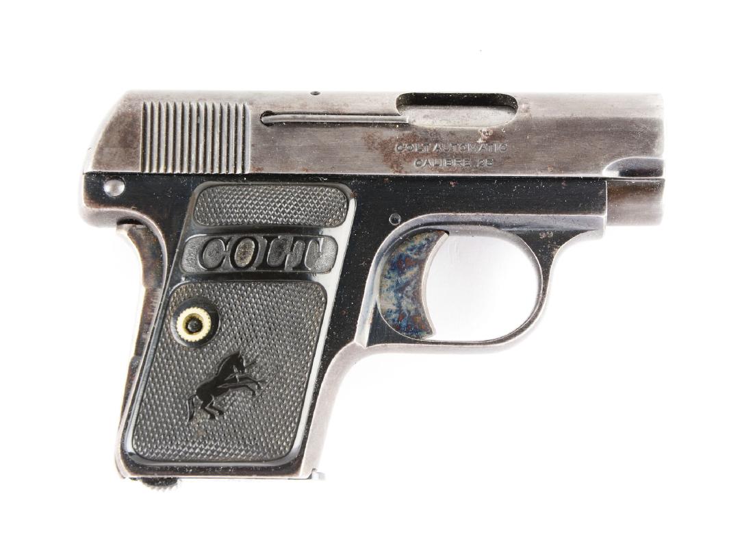 (C) Colt Model 1908 .25 Semi-Automatic Pistol.: Manufactured 1920. Slide is basically grey patina. Frame retains 60% original blue. Straps thinning. Bright colors on trigger. Sharp legends. Excellent Colt logo grips. Comes with one Colt marked maga