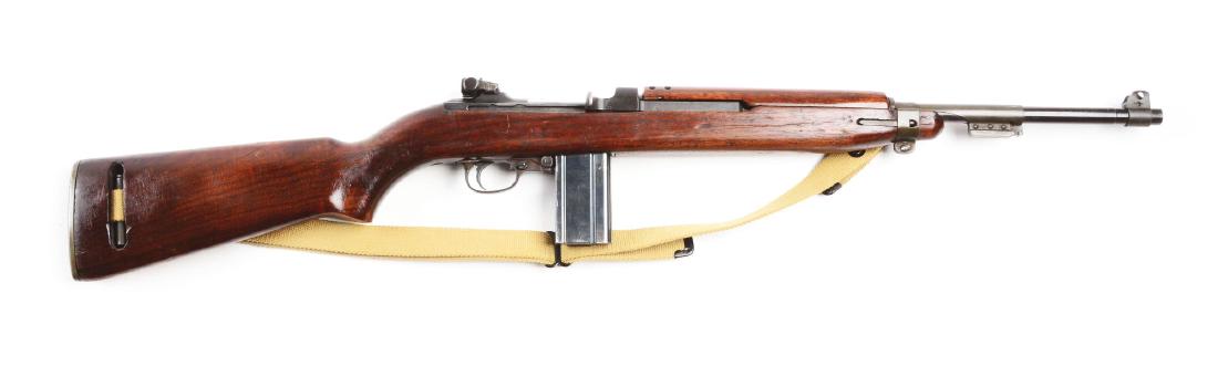 (C) M-1 Carbine IBM Semi-Automatic Rifle.: Barrel is stamped "IBM CORP", frame is stamped "IBM". Unmarked front sight. Barrel not dated. Low wood stock with four rivet hand guard. Rear sight is stamped "R.I.C.O." as seen on type 1944. Left sid