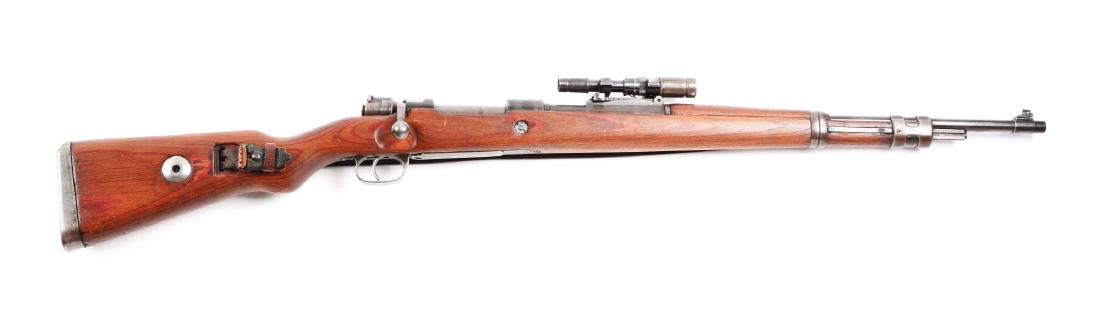 (C) Nazi Marked Mauser Model 98 ZF-41 1942 Date Sniper: Standard Mauser 98 K bolt action Nazi marked military rifle that is comprised of mix numbered original parts: Stock No. 4005, bolt No. 7187, safety No. 1572 and No 8776, frame No. 3269, front barrel b