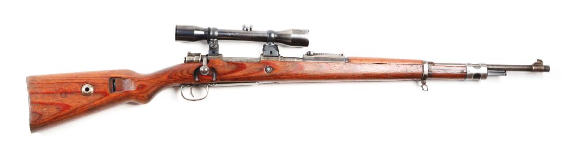 (C) Mauser K98 Bolt Action Sniper Rifle.: Serial No. 14802 is stamped on left side of barrel. 7631 stamped on left side of stock. No number on bolt. No other visible serial numbers. Left side of frame is stamped "MOD 98". Standard World War I