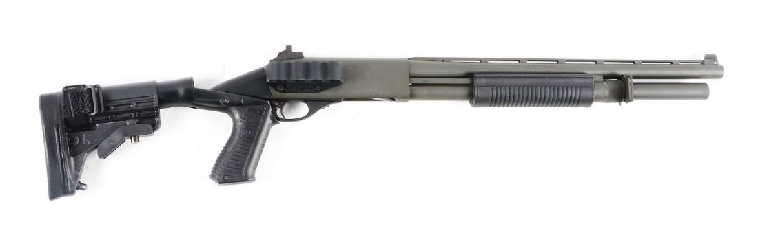 (M) Remington Model 870 Express Tactical Pump Action: Features include; full round barrel with matt vent rib. Tactical front and rear sights. Extended tubular magazine. Left hand slide action. Synthetic fore-grip, and a Knoxx five position collapsible re