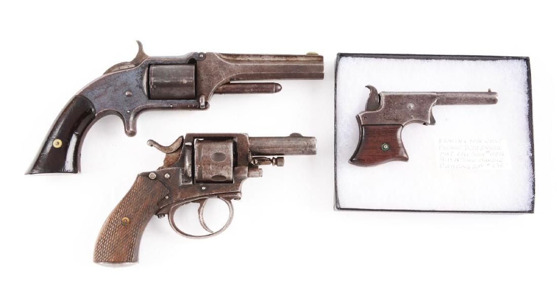 (A) Lot of 3: Antique Pistols & Revolver.: Gun (A) is a Remington Vest Pocket Deringer single shot, spur trigger, exposed hammer with walnut grips. Grey patina and sharp markings. Dirty bore can be cleaned up. Gun (B) is a Belgian six shot dou
