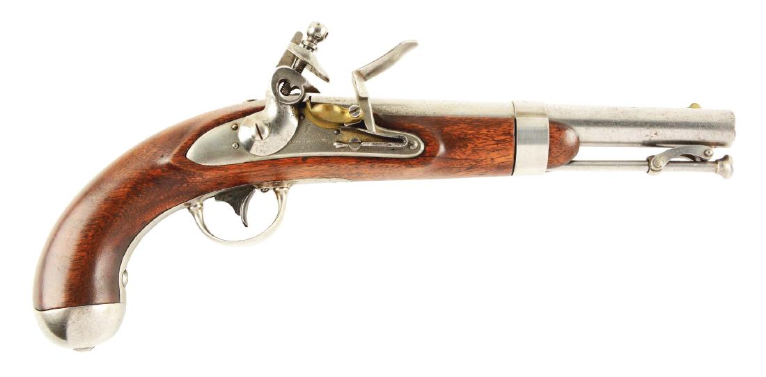 (A) U.S. Model 1836 Flintlock Single Shot Martial: The Model 1836 was the last U.S. martial pistol made using the flintlock mechanism. About 41,000 were manufactured between 1836 and 1844 by Asa Waters and Robert Johnson. This was the standard issue p