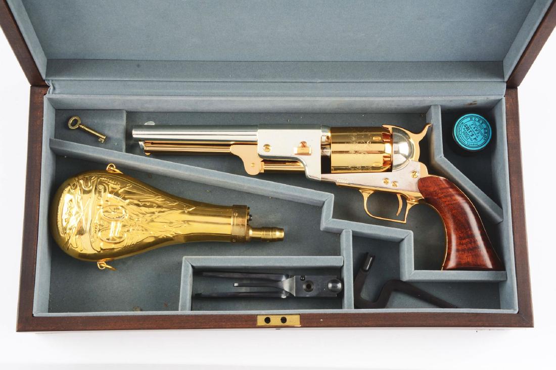 (A) Marine Corp Colt Dragoon Cased Commemorative: Offered is a special edition Marine Corp Colt Walker Transition Dragoon revolver. Features; gold and nickel full finish, Indian fight scene on cylinder, six shot, single action percussion, Walker styl