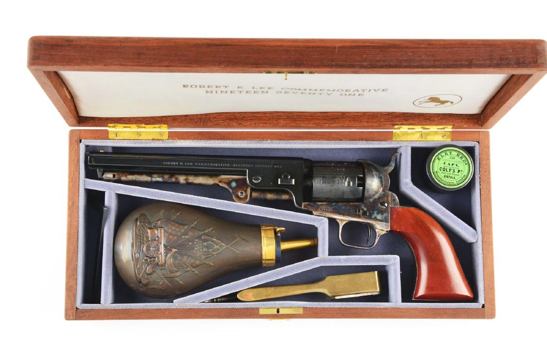 (A) Boxed & Cased Colt Robert E. Lee Commemorative 1851: Produced in 1971 with the matching U.S. Grant 1851 revolver, it featured high polish blue octagon barrel, Naval scene engraved six shot cylinder, case colored frame, hammer and loading lever. Silver p