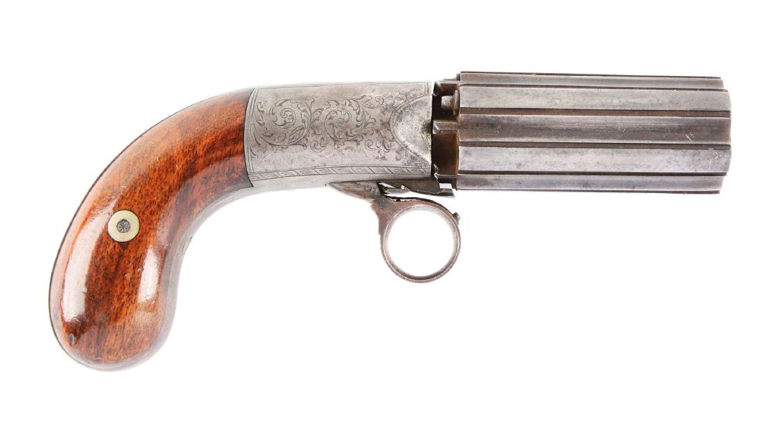 (A) English Pepperbox Revolving Percussion Pistol by: Made by William Rowntree in Penrith, Cumbria. Six shot barrel cluster with solid fluted ribs between each barrel, each stamped with English proof near breeches. Rowntree patent double action percussio