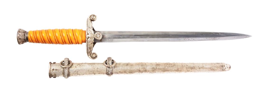 World War II German Army Dagger.: Lot contains a World War II German Heer officer’s dagger with scabbard. The 10” nickel plated blade is marked “Alcoso ACS Solingen”. The hand guard and pommel cap are nickel plated steel, with