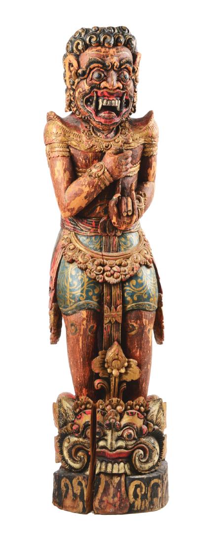 Monumental Indonesian Figural Kris Stand.: Possibly 19th century, stands 43" tall and is elaborately carved in great detail. Detailed and colorful painted and gilt surfaces. Shows great age with several large age cracks, paint crazed and chipp