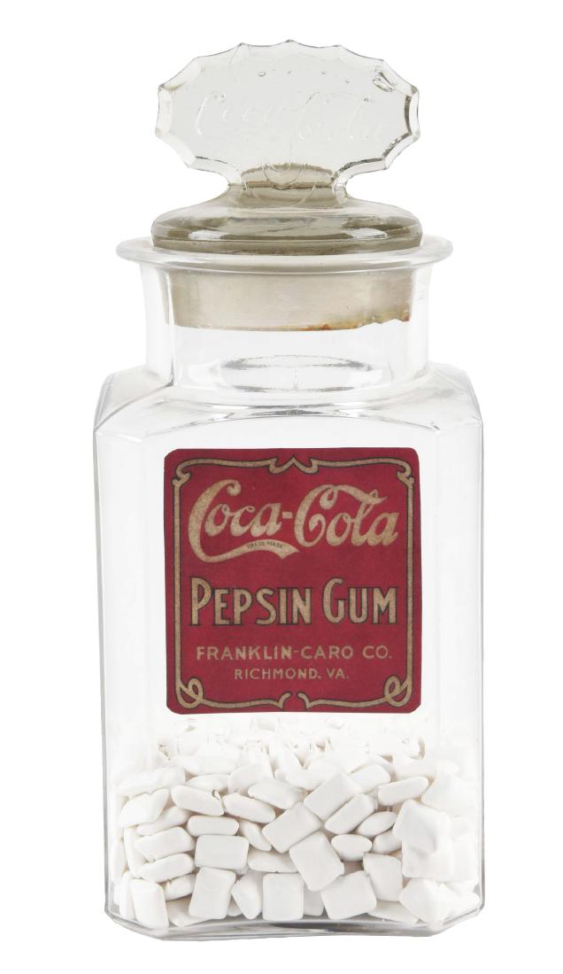 Coca-Cola Pepsin Gum Glass Jar.: Jar has a ground lid with a Coca-Cola embossed logo on the top. The edge of the lid has some moderate soiling and one area of chipping. The Coca-Cola label on the front appears to be a reproduction. C