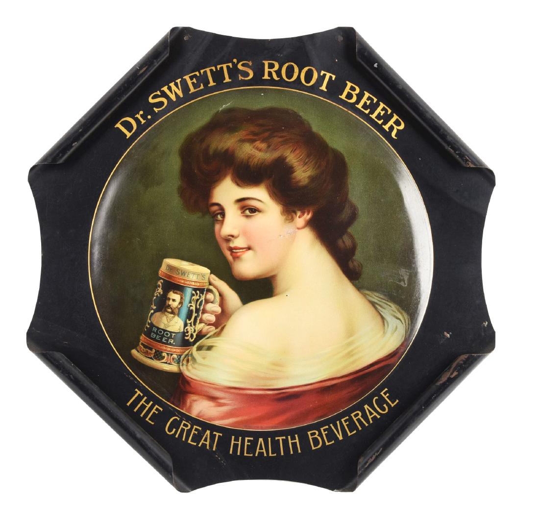 Dr. Swett's Root Beer Tin Litho Advertising Sign.: This sign was made by the Meek Company in Coshocton Ohio. It has a great graphic showing a pretty woman holding a mug of Dr. Swett's Root Beer. The sign shows some areas of soiling, bend marks, and a