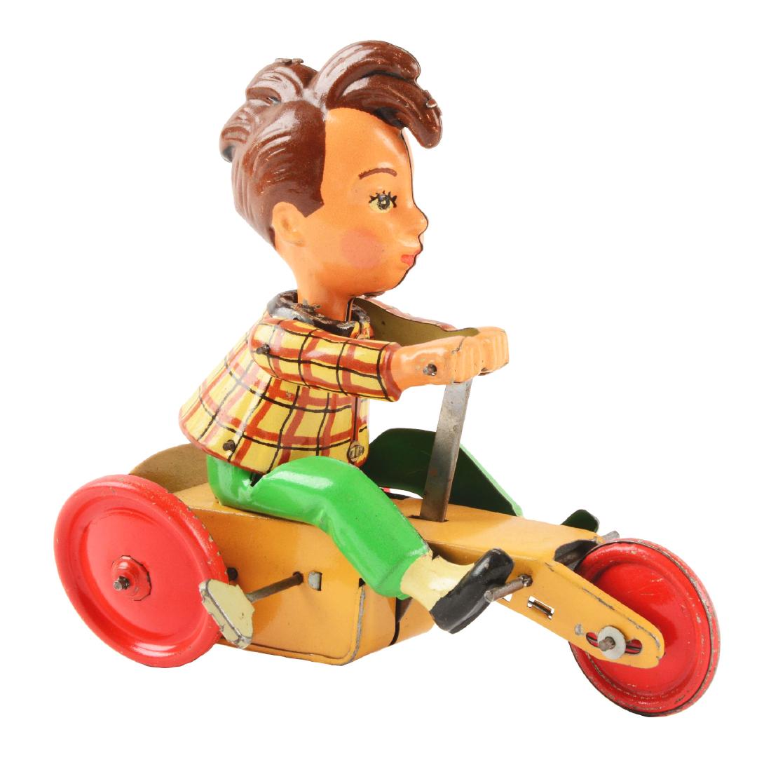 German Tin Litho Wind Up Boy Riding 3 Wheel Cart. (1 of 3)