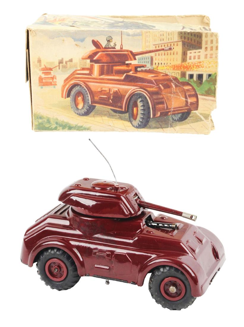 Unusual Pre-war Italian Ingap Wind Up Tank.: Includes colorful original box, marked "Ingap Made in Italy". Box does have some splitting and tearing, flaps missing off one end. Toy is clean and bright, original antenna. When wound, tires move, tu