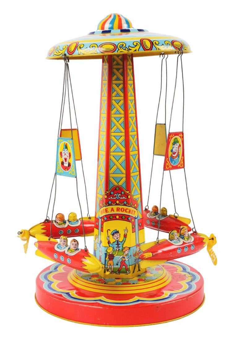 Chein Tin Litho Wind Up Ride-A-Rocket Toy. (1 of 7)
