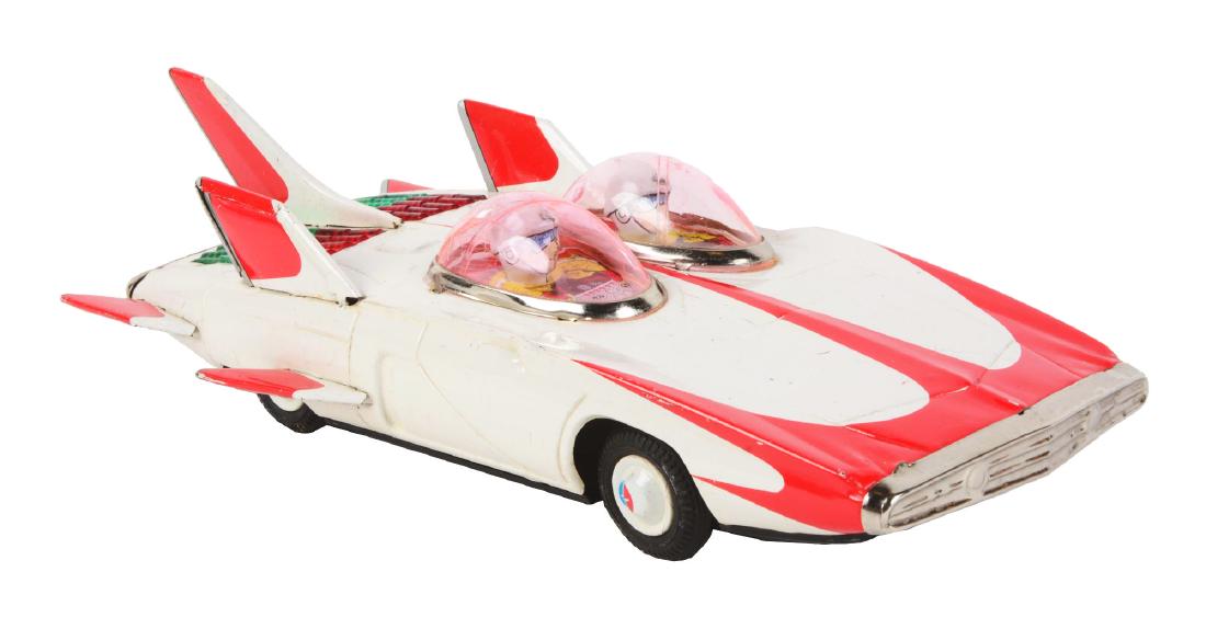 Japanese Tin Litho Firebird Concept Car.: Battery operated toy car, in the red and white color variation. Includes two drivers encapsulated in plastic bubbles. The plastic bubbles have some scratching and cracking. Toy is complete, and has so